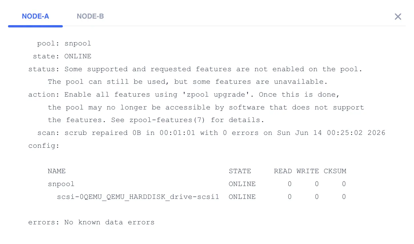 Dashboard Shared Nothing Zpool Status