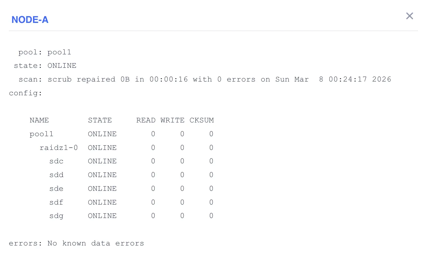 Dashboard Shared Storage Zpool Status